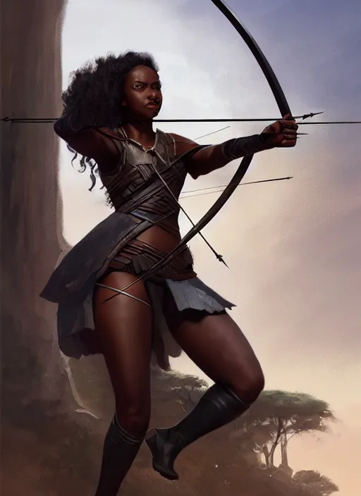 Image similar to full body portrait of beautiful black woman as a medieval archer, aiming her crossbow, cinematic and dramatic, highly detailed, digital painting, artstation, concept art, smooth, sharp focus, illustration, face by wlop, illustrated by mars ravelo and greg rutkowski