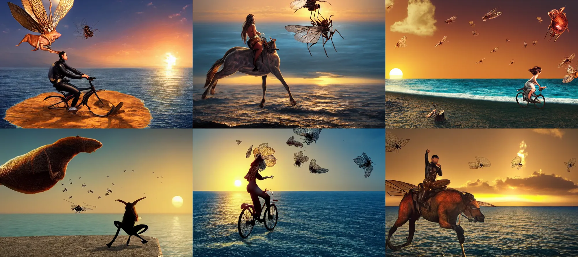 Prompt: A person riding atop an insect, sea in the background, sunset, golden hour, hyper-realistic, very detailed, beautiful, trending on Artstation