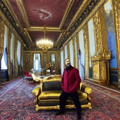 Prompt: Ivan the Terrible in his palace in Moscow testing new Tesla 3, wide angle, high detail, width 768