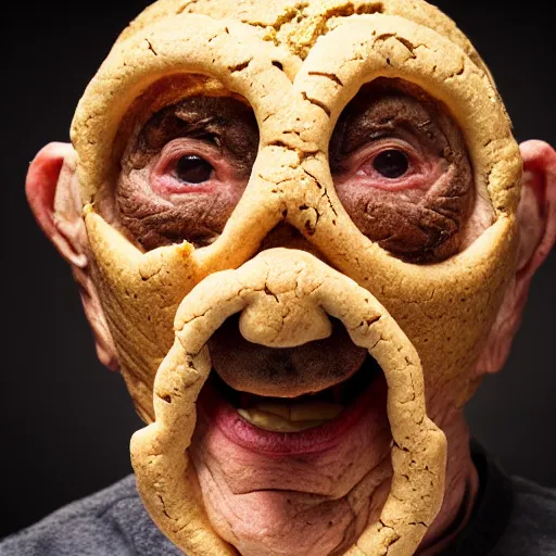 Prompt: an elderly man wearing a mask made from cookies, bold natural colors, national geographic photography, masterpiece, 8 k, raw, unedited, symmetrical balance