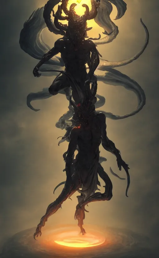 Prompt: statue of a demon of the moon ascending from hell, dramatic lighting, flowing tendrils, artstation, concept art, smooth, sharp focus, illustration, art by greg rutkowski