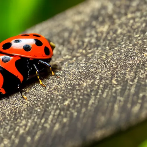 Prompt: promotional scifi - blockbuster movie scene of an insect - ladybug is mostly melded with a'glossy volkswagen beetle '. it wings and is flying down a dusty backroad along a gentle creek in smokey mountains tennessee. cinematic, muted dramtic color, 4 k, imax, 7 0 mm, hdr