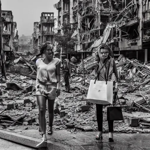 Prompt: modern city destroyed by war in ruins with rich people walking around with shopping bags laughing and having fun