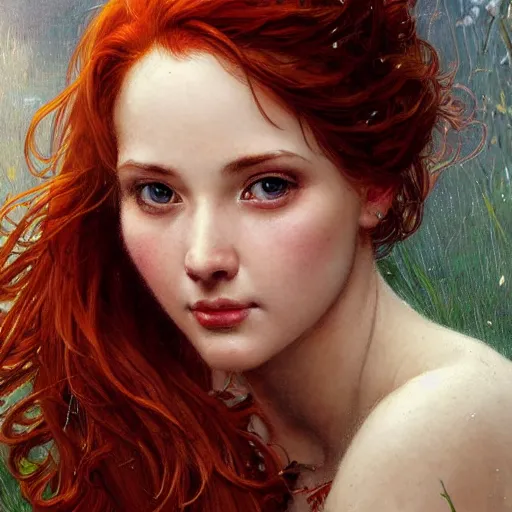 Image similar to highly detailed closeup portrait of beautiful woman with red hair, very detailed, realistic, card, by Stanley Artgerm Lau, greg rutkowski, thomas kindkade, alphonse mucha, loish, norman rockwell J.