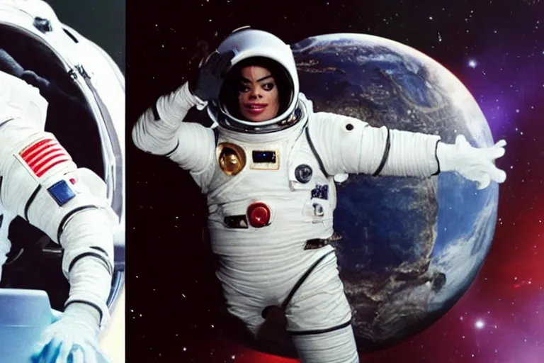 Prompt: michael jackson in space wearing space suite eyes closed