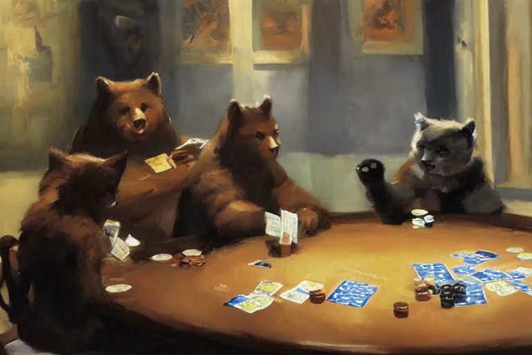 Prompt: 2 animals, cat, bear, playing poker, highly detailed beautiful, by gregory manchess, james gurney, james jean