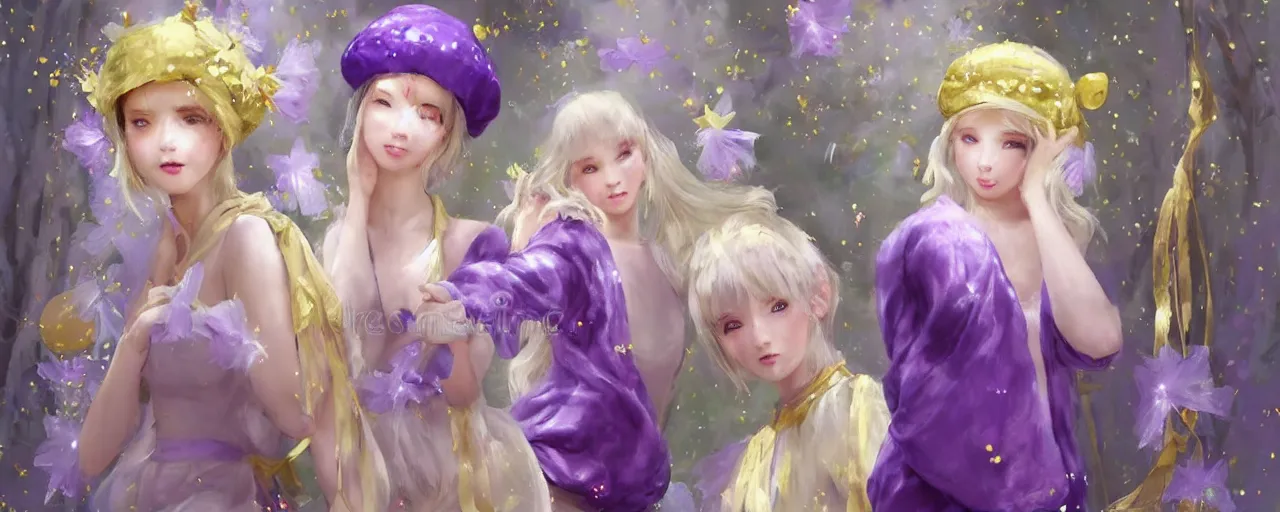 Image similar to Full View of mysterious fairy maidens with short blond hair wearing an oversized purple Beret, Baggy Purple overall shorts, Short Puffy pants made of silk, silk shoes, a big billowy scarf, Golden Ribbons, white leggings Covered in stars. Short Hair. peasant magic. masterpiece 4k digital illustration by Ruan Jia and Mandy Jurgens and Artgerm and greg rutkowski , award winning, Artstation, art nouveau aesthetic, Alphonse Mucha background, intricate details, realistic, panoramic view, Hyperdetailed, 8k resolution, intricate art nouveau, smooth, sharp focus. Rhythmic gymnastics poses