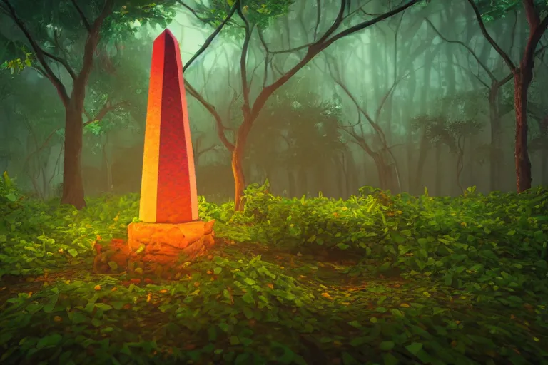 Image similar to super detailed color lowpoly art, overgrown mystical forest meadow, ancient stone obelisk with subtle glowing runes, thick vines wrapping around, unreal engine, retrowave color palette, 3 d render, lowpoly, colorful, digital art, perspective