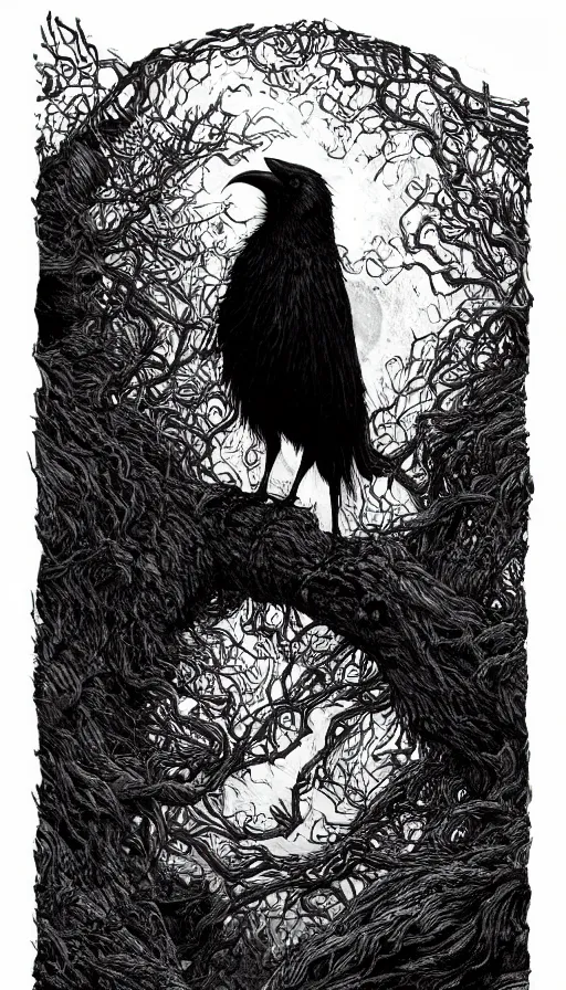 Image similar to book cover art, detailed close-up portrait of crow on a tree in front of the full big moon, dramatic lighting, cinematic, establishing shot, extremely high detail, foto realistic, cinematic lighting, pen and ink, intricate line drawings, by Yoshitaka Amano, Ruan Jia, Kentaro Miura, Artgerm, post processed, concept art, artstation, matte painting, style by eddie mendoza, raphael lacoste, alex ross