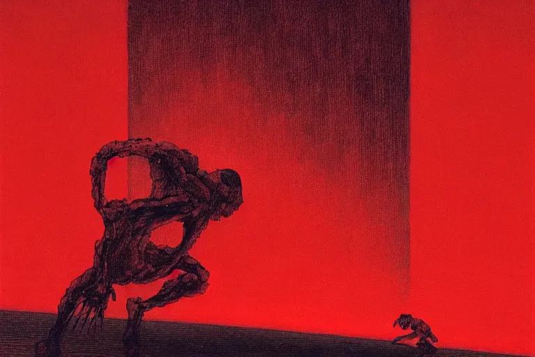 Image similar to only with red, a red samurai, tokio in background, some evil yokai, in the style of beksinski, parts by edward hopper, parts by rodcenko, parts by yue minjun, intricate and epic composition, red by caravaggio, insanely quality, highly detailed, masterpiece, red light, artstation, 4 k