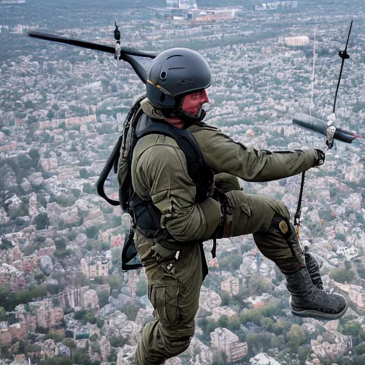 Image similar to Special Forces in grey uniform rappelling from a helicopter in Ukraine 2022, photo by Adam Ferguson, Pulitzer Winning, cinematic composition, breathtaking, modern, 2022