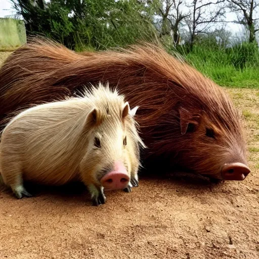 Image similar to two long haired capybara cuddle a pig