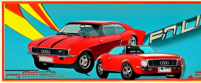 Image similar to black flames livery audi camaro b 1 ( 1 9 6 7 ), retro poster, establishing shot