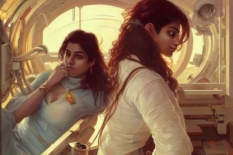 Image similar to Sensual good looking pale young Indian doctors wearing jeans partying in a space station above Earth performing surgery, portrait, elegant, intricate, digital painting, artstation, concept art, smooth, sharp focus, illustration, art by artgerm and greg rutkowski and alphonse mucha