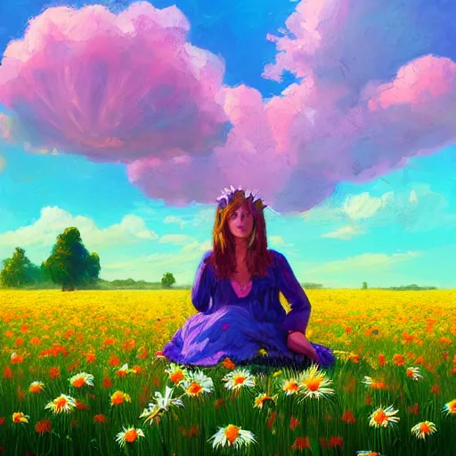 Image similar to giant daisy flower as head, girl sitting in a flower field, surreal photography, sunrise, dramatic light, impressionist painting, colorful clouds, digital painting, artstation, simon stalenhag