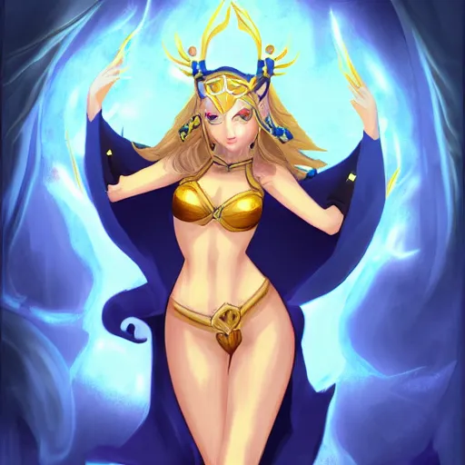Image similar to seductive divine goddess with bright blue eyes and golden robe in a dark cave, digital art dnd beyond trending on art station,