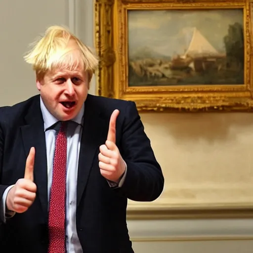 Image similar to Boris Johnson angrily throws tomatoes at paintings in the louvre