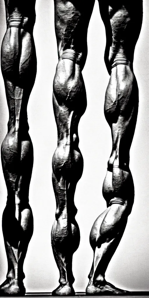 Prompt: muscular legs, broad feet, cross between elephant and human legs, sturdy columns for supporting a giant's weight, sinewy, supportive, striated, strong, modesty, properly dressed, leg focus, photographic realism