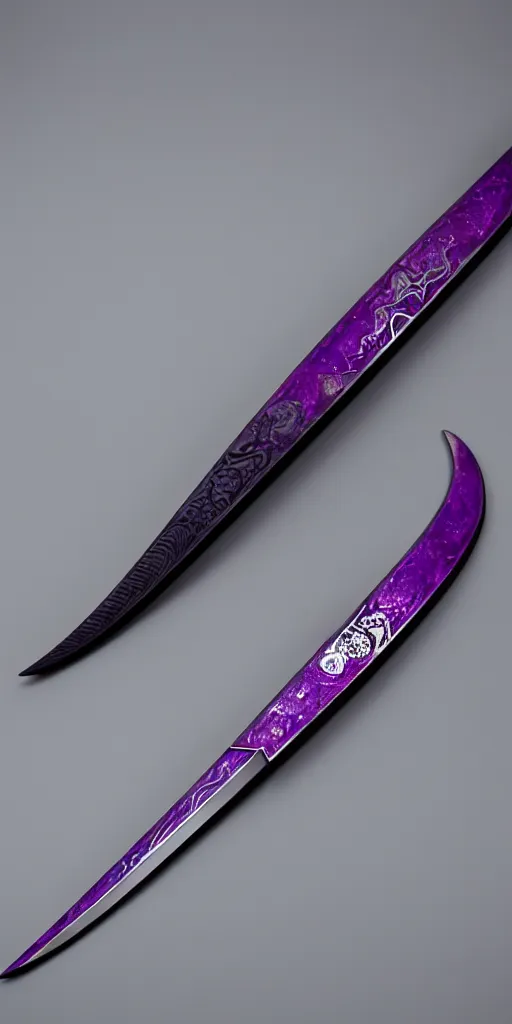 Prompt: a katana in the style of zdzisław beksinski, elegant, silver and amethyst, crescent moon motif, weapon, product photo