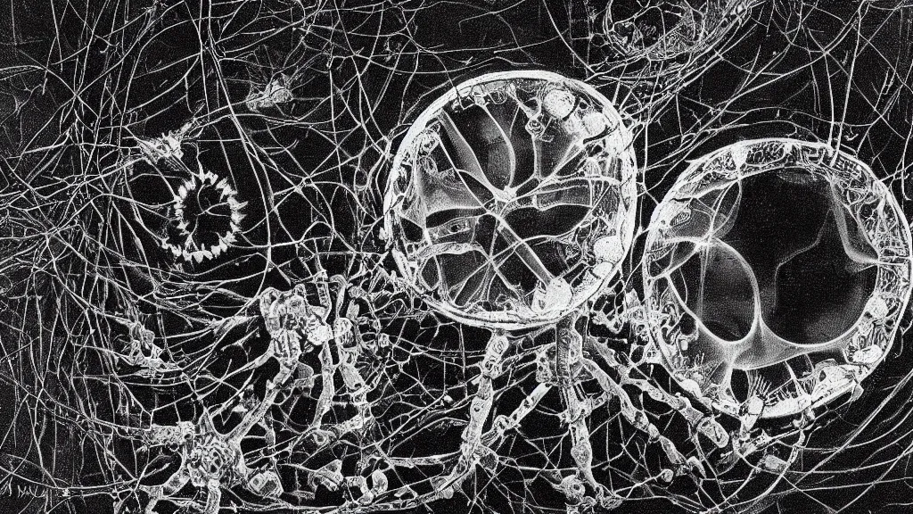 Prompt: a beautiful microscopic scientific photo of a virus and a strange life form seen through an electron microscope, dark, sinister, detailed, art by alan maley