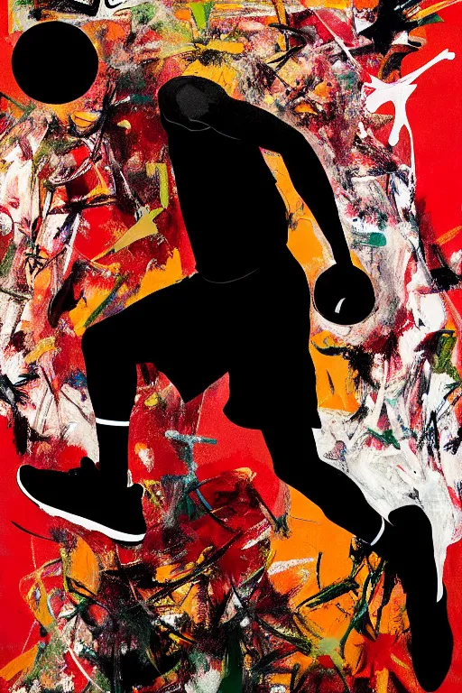 Image similar to nike advertisment with a black boston celtics basketballer making dunk, rich deep colours, painted by francis bacon, adrian ghenie, james jean and petra cortright, part by gerhard richter, part by takato yamamoto masterpiece