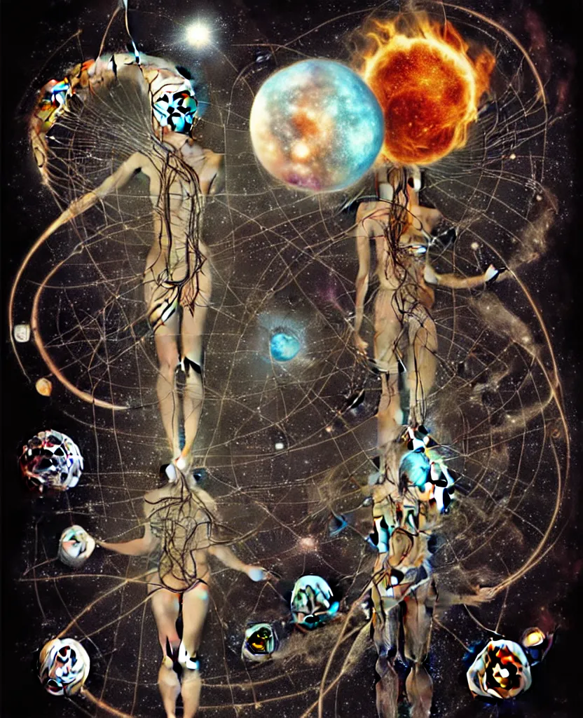 Image similar to inside the universe of a human body soul, whimsical uncanny creature alchemizes unique canto about'as above so below'being ignited by the spirit of haeckel and robert fludd, breakthrough is iminent, glory be to the magic within, to honor jupiter, surreal collage by ronny khalil