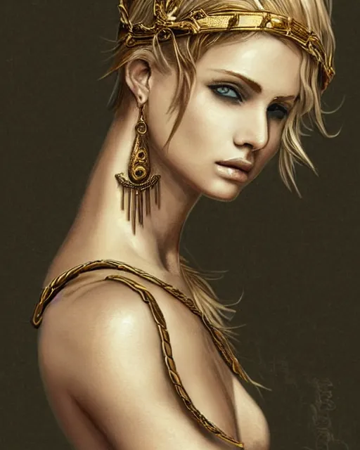 Image similar to tattoo design sketch of cute beautiful blonde super model as aphrodite greek goddess wearing a gold laurel wreath and triangle earrings, beautiful piercing gaze with sharp pupils, in the style of greg rutkowski, fantasy, amazing detail, epic, elegant, smooth, sharp focus, front view