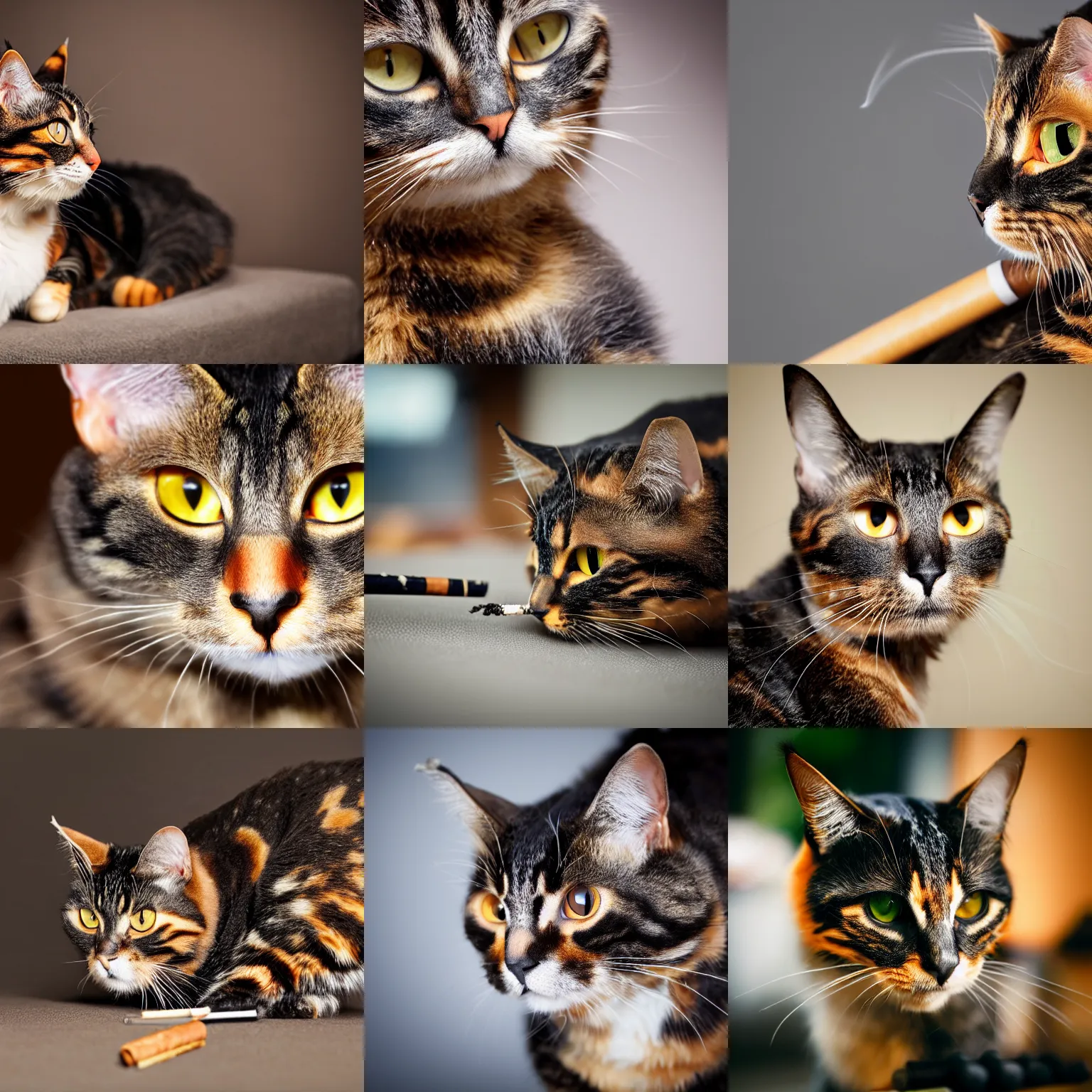 Prompt: a tortoishell cat, smoking cigaratte, professional photography, detailed