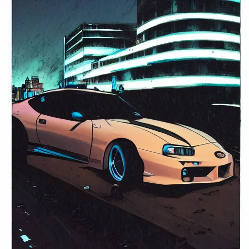 Image similar to a beautiful comic book artwork of a supra on a highway at night, by Jerome Opeña, featured on artstation