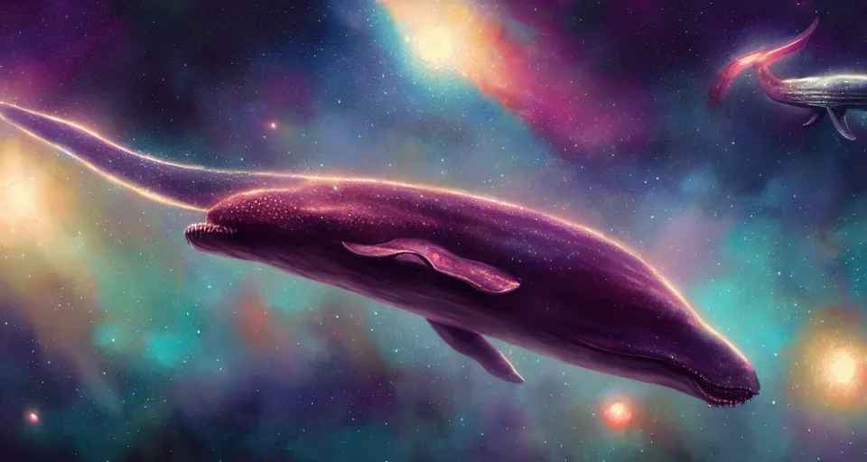 Image similar to highly detailed illustration of space whales, colorful nebula background, artstation, cinematic lighting, hyperdetailed, cgsociety, 8k, high resolution, Charlie Bowater, Tom Bagshaw, Norman Rockwell, insanely detailed and intricate