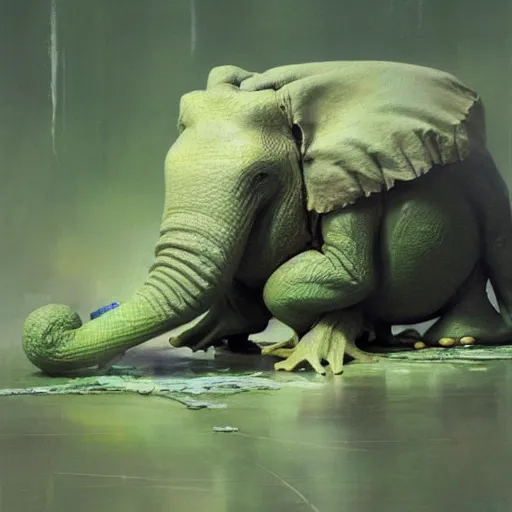 Prompt: frog - elephant creature, oil painting by ruan jia