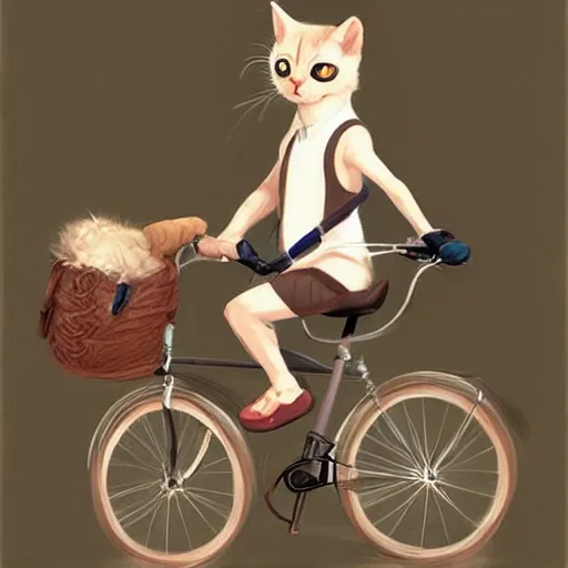 Prompt: Masterpiece portrait of cute cat riding a bicycle, digital art by Krenz Cushart, trending on artstation