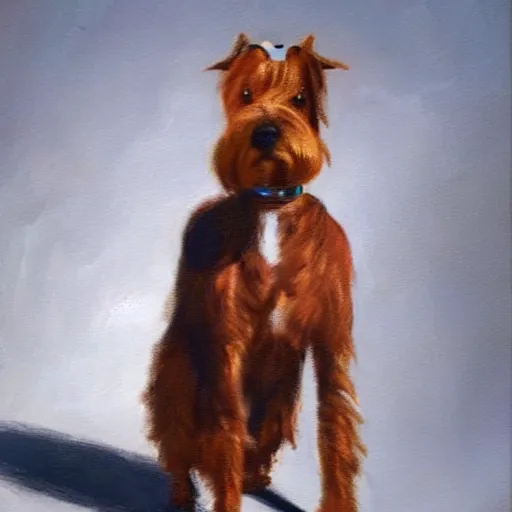 Prompt: Irish terrier wearing a fedora and a Trenchcoat, oil painting, majestic