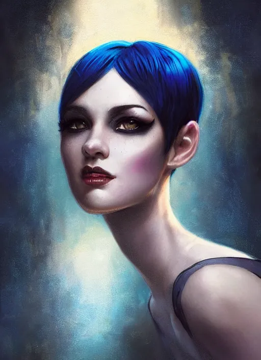 Image similar to girl with black and blue hair, pixie haircut, beautiful highly detailed face, complementary lighting, backlit, black eyeshadow, grinning, adventure, alluring gaze, dramatic lighting, landscape background, beautiful painting by artgerm and greg rutkowski and raymond swanland