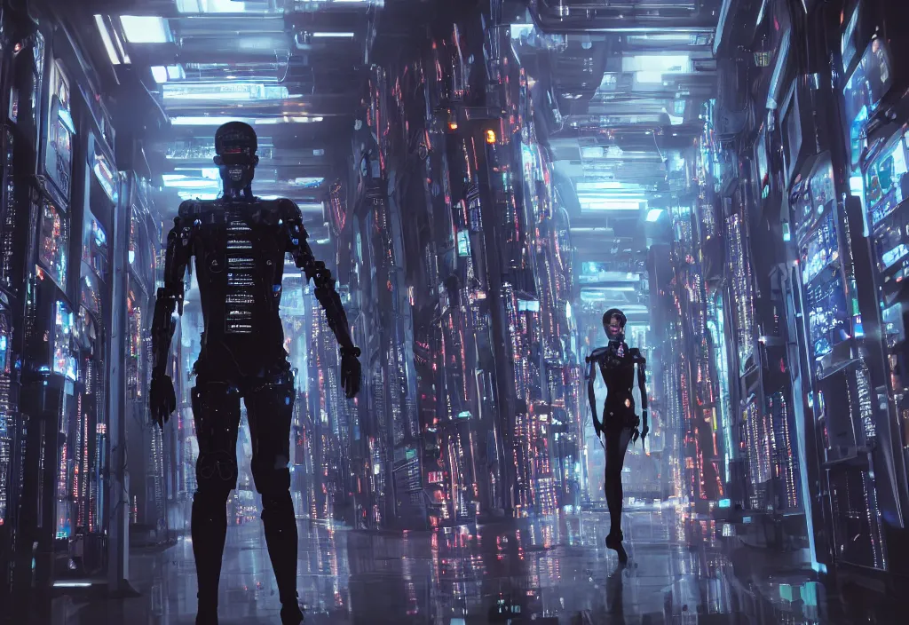 Prompt: shot of film by cyberpunk syle, human like a cyborg full body in detailed data center is the universe, character design, symmetrical, vivid color, complementary color, golden ratio, detailed, sharp lines, trending on artstation, volumetric lighting, dramatic lighting by yoichi hatakenaka, by masamune shirow, by josan gonzales, octane render