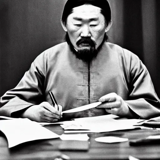 Prompt: genghis khan doing his taxes, photoshoot
