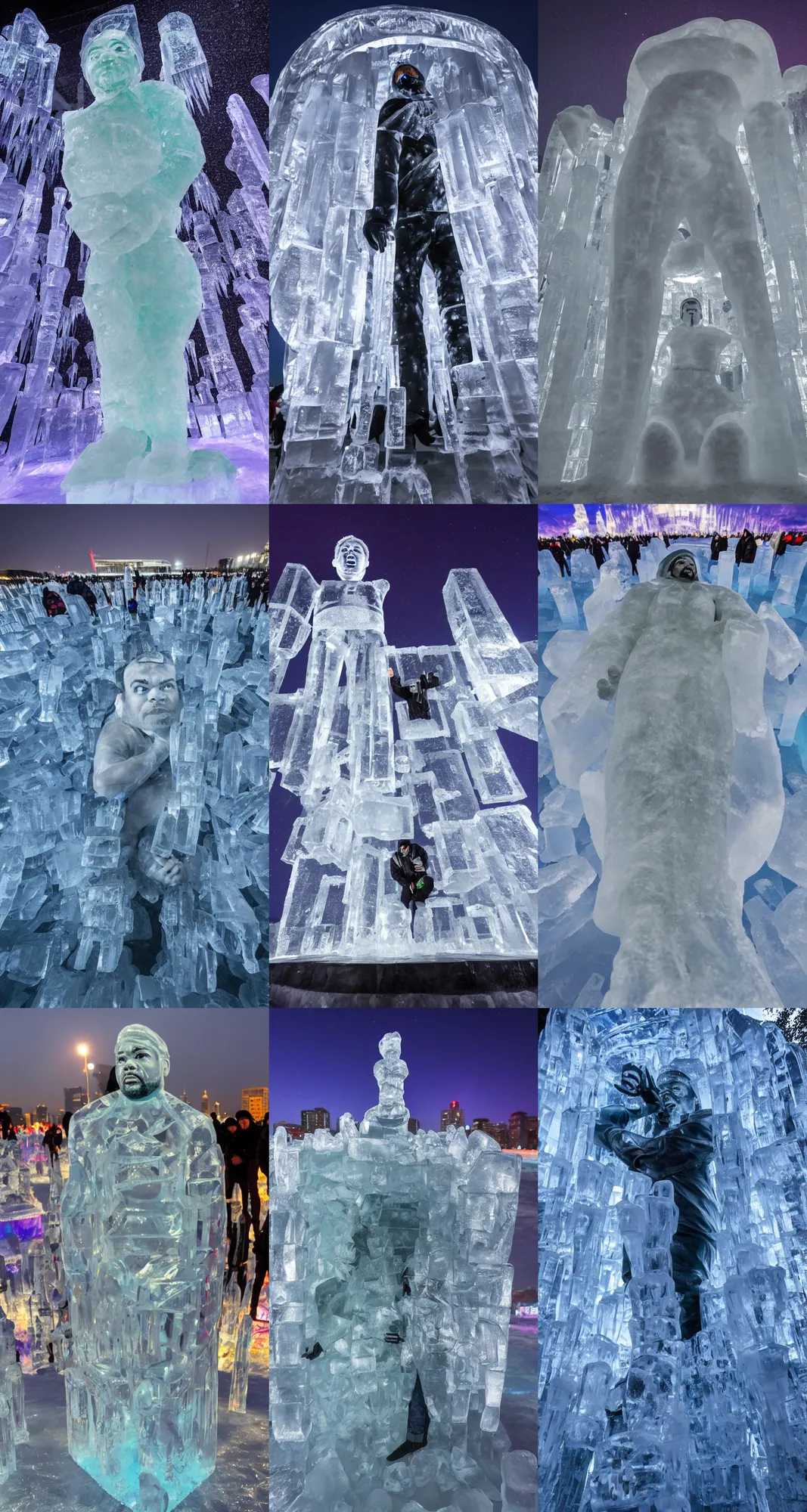 Prompt: dramatic photo, full body statue of rapper'ice cube'frozen in ice at harbin ice festival, full body, wide angle photo, award winning, aurora borealis