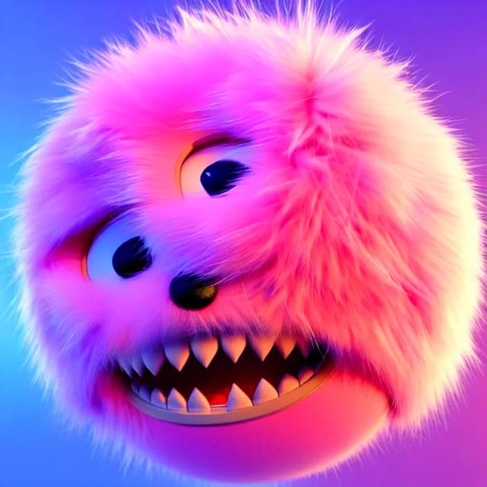 Image similar to high quality 3 d render hyperrealistic very cute big spherical creature, whiskers, plush mascot, short spiky dense fluffy smooth hair, isometric 3 d, psychedelic lighting pink fluffy fur 1 cm long, 1 5 0 mm, smooth background, artstation, ultra detailed, elegant, ultra detailed, octane render