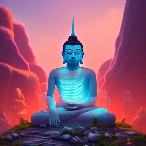 Image similar to ice statue buddha, bioluminescence, vegetation, colorful, rim light, highly detailed, tilt shift, digital painting, concept art, smooth, sharp focus, pleasing aesthetics, josan gonzalez, michael dante dimartino, simon stalenhag, octane render, disney pixar, 4 k