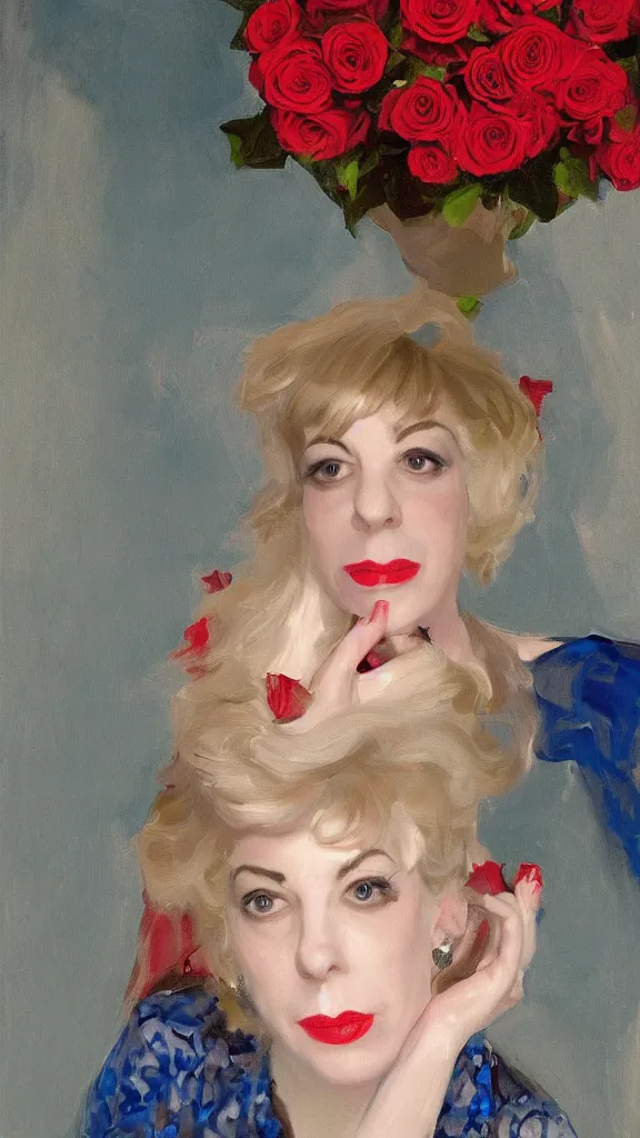 Prompt: portrait of julee cruise in lynch pattern, big persian detailed pot of red roses, blue and red lights painted by john singer sargent