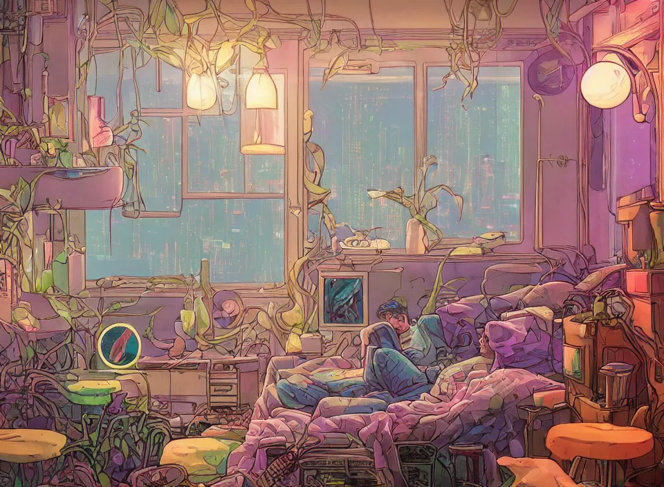 Image similar to telephoto 7 0 mm f / 2. 8 iso 2 0 0 photograph depicting the feeling of chrysalism in a cosy cluttered french sci - fi ( art nouveau ) cyberpunk apartment in a pastel dreamstate art cinema style. ( aquarium, computer screens, window ( city ), leds, lamp, ( ( ( aquarium bed ) ) ) ), ambient light.