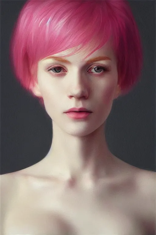 Prompt: “Portrait of a beautiful pale skin Nordic female with short pink hair, elegant, photorealistic, highly detailed, artstation, smooth, sharp focus, gold ornaments, neon lighting, sci-fi, art by Klimt.