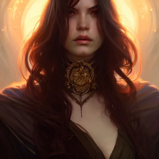 Image similar to Portrait of female sorceress, dark fantasy, medium shot, intricate, elegant, highly detailed, digital painting, artstation, concept art, smooth, sharp focus, illustration, art by artgerm and greg rutkowski and alphonse mucha