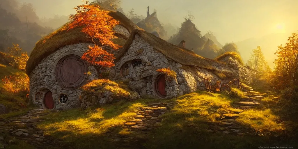 Image similar to a hobbit cottage on top of a steep hill, greg rutkowski, zabrocki, moebius, karlkka, jayison devadas, highly detailed, autumn sunlights, smoky atmosphere, ( ray of sunlight ), trending on artstation, 8 k, ultra wide angle, zenith view, pincushion lens effect