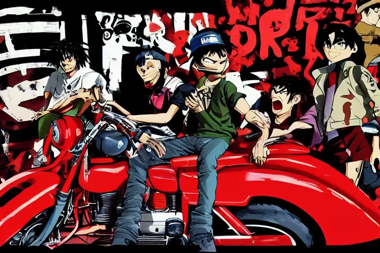 Image similar to pizza, akira's motorcycle, gorillaz, poster, high quality