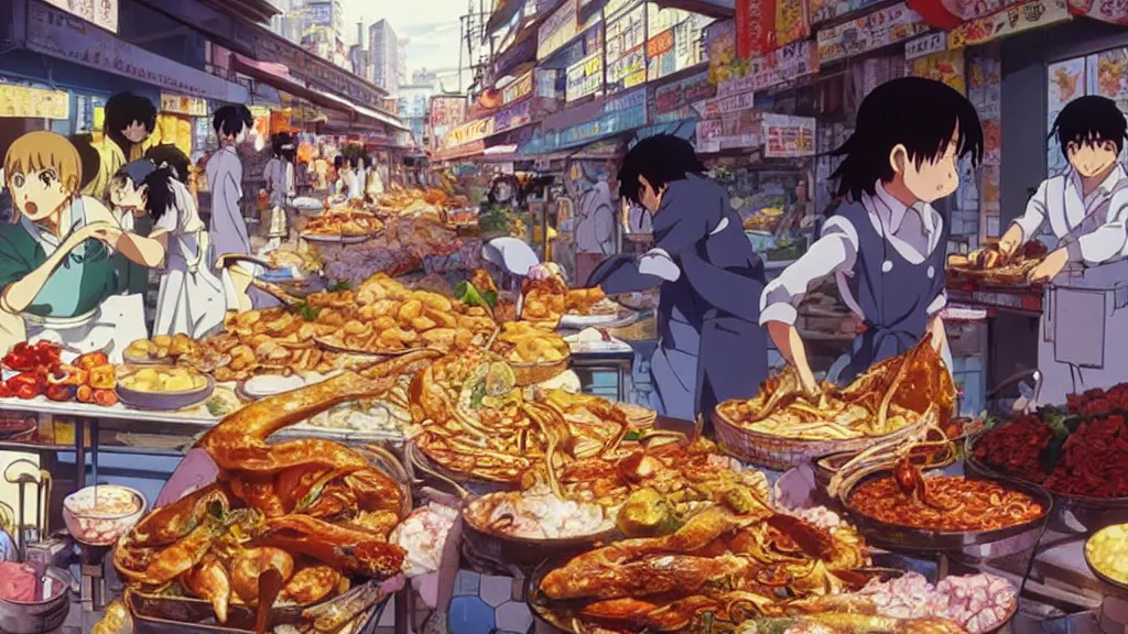 Image similar to a rabbit being cooked in a street market, anime film still from the an anime directed by Katsuhiro Otomo with art direction by Salvador Dalí, wide lens