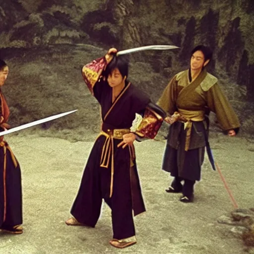 Prompt: xianxia fantasy, xuanhuan martial artist fighting european knight, chinese swordsman fighting medieval european swordsman, fantasy, wuxia, pseudo - medieval fantasy, cinematic, 1 9 8 6 movie screenshot, french swordsman fighting chinese swordsman
