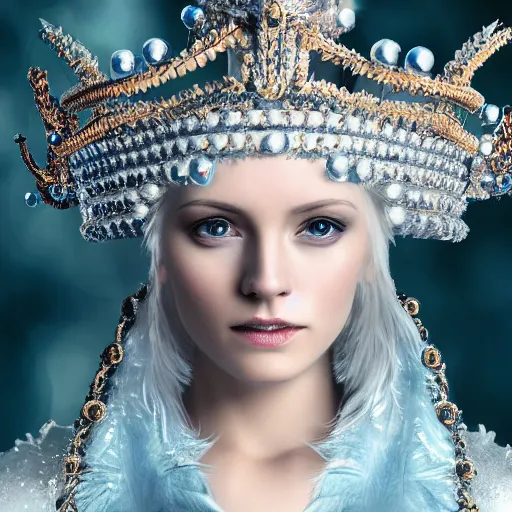 Image similar to beautiful ice queen with ornate cloak and crown, highly detailed, 4k, HDR, smooth, sharp focus, hyper realistic, high resolution, award-winning photo