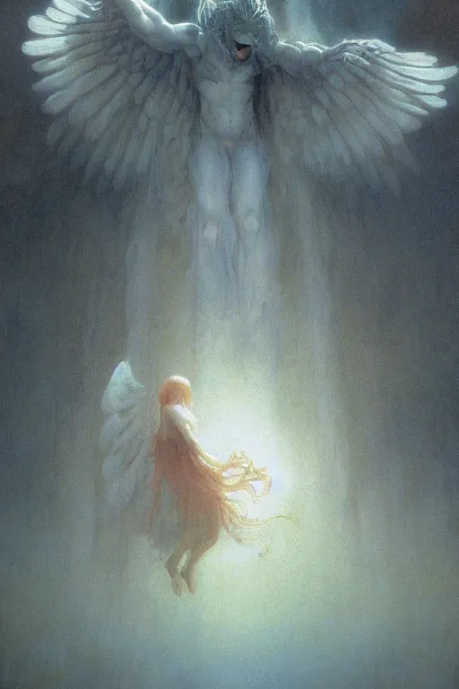 Image similar to giant white glowing angel rising above fallen demon lying on the foggy ground by wayne barlowe, wes anderson, arnold bocklin, roger dean, mikalojus konstantinas ciurlionis, mikhail vrubel and wadim kashin, rich moody colours, 9 0 - s anime, ethereal, lo - fi retro videogame