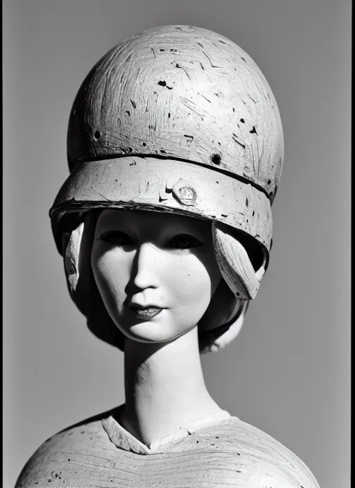 Image similar to realistic photo of a a medieval wooden barbie girl doll sculpture dressed white spherical hat helmet made of plastic, black brushwood, greyscale grain 1 9 6 0, life magazine photo, natural colors, metropolitan museum, kodak